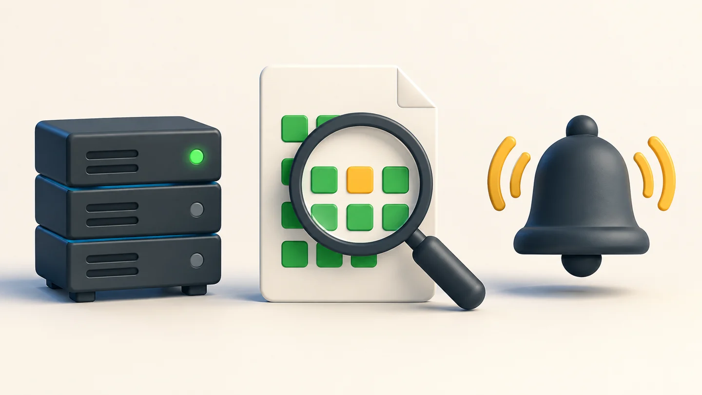 A server indicator, a magnifying glass inspecting a response, and an alert bell represent three separate checks.